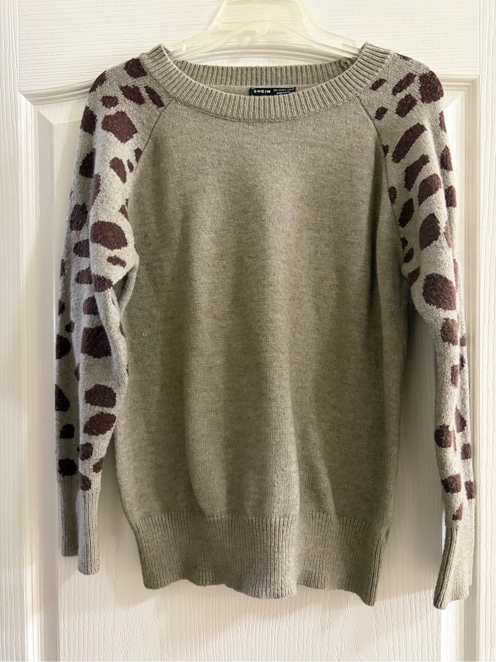 SHEIN Taupe Crewneck Sweater with Leopard-Print Sleeves